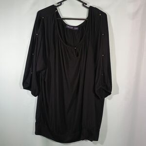 Black Embellished Tunic Top 3/4 Sleeve Stud Detail Scoop Neck Flowy Blouse